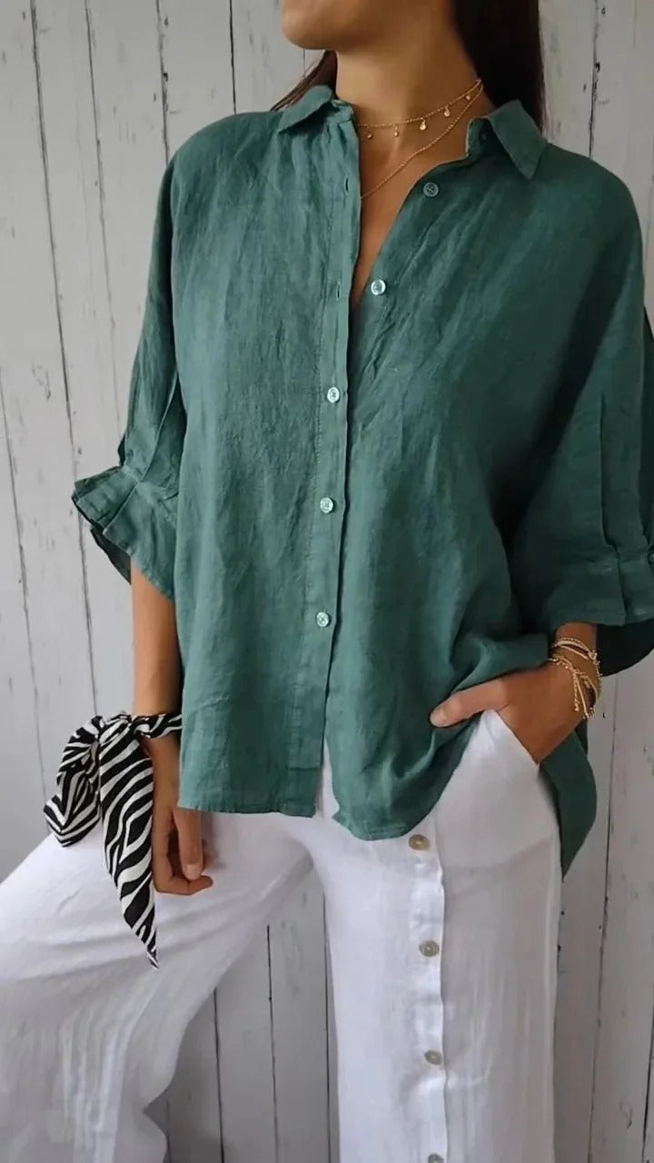 Camisa 100% lino de manga longa pescoço clássico relaxado