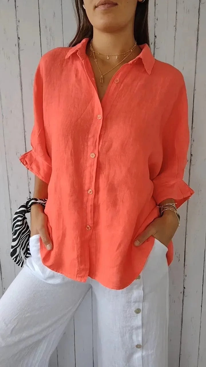 Camisa 100% lino de manga longa pescoço clássico relaxado