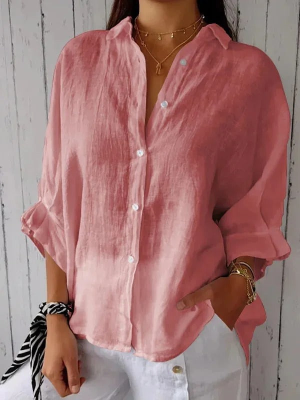 Camisa 100% lino de manga longa pescoço clássico relaxado