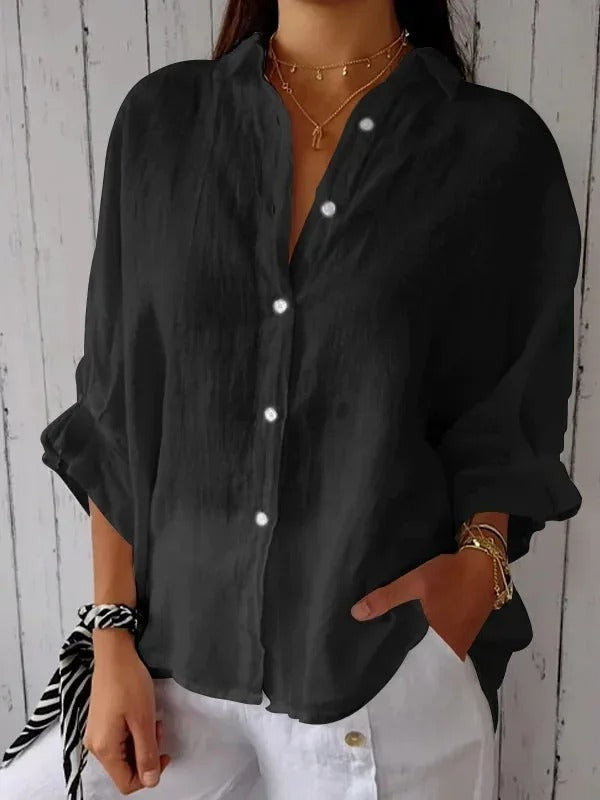 Camisa 100% lino de manga longa pescoço clássico relaxado