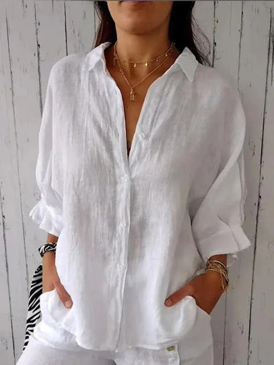 Camisa 100% lino de manga longa pescoço clássico relaxado