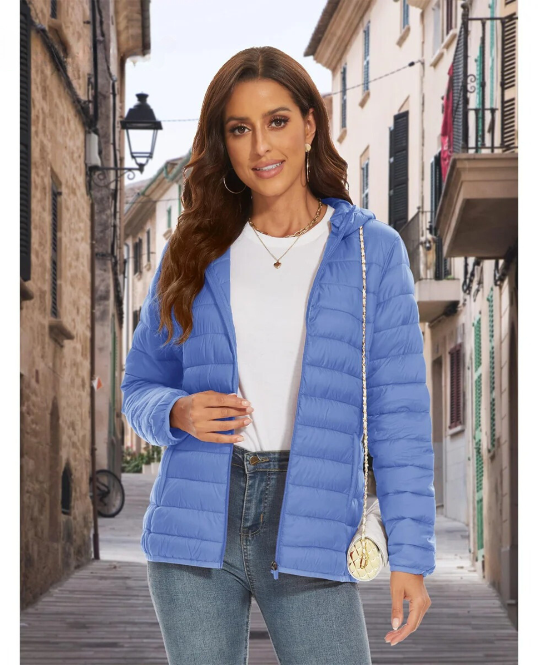 Jaqueta polar clara com capuz feminino