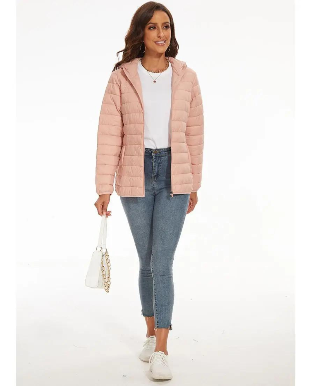 Jaqueta polar clara com capuz feminino